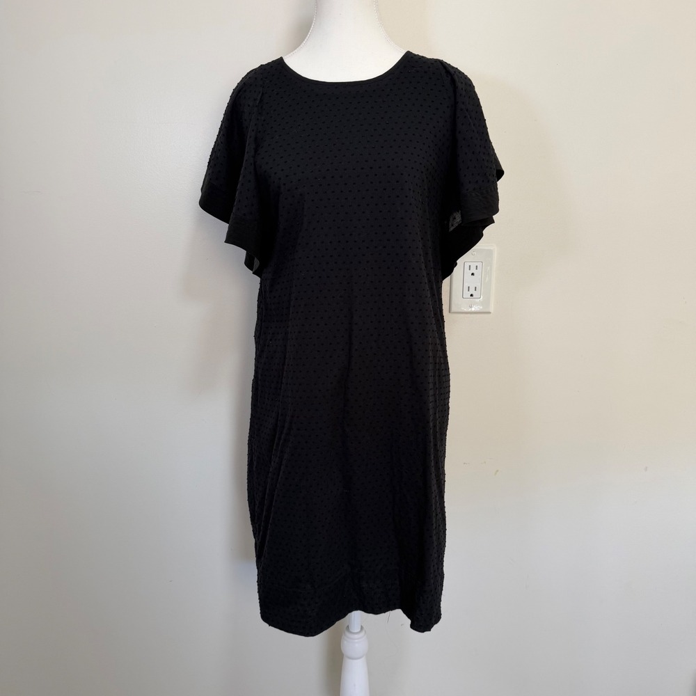 J.Crew Swiss Dot Flutter Sleeve Shift Dress Womens 6 Black Silk Trim Academia